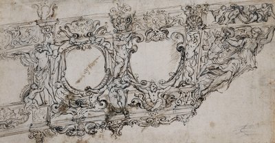 Arıların ve Güneşin Barberini Kolları, Ignudi, Tritonlar, Hipokampalar, Putti ve Harflerin Altındaki Figür Olarak Zafer Alegorisiyle Papa Urban VIII Galerisinin Pruvası için Tasarım VRBA In by Alessandro Algardi