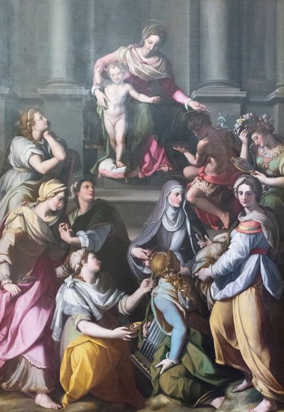 Madonna, azizler ve figürlerle çevrili, Çocuk ile taçlandırılmış by Alessandro Allori