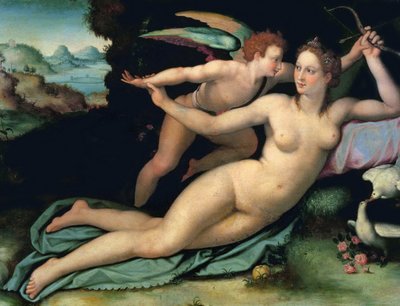 Venüs ve Amor, Allori, Alessandro (1535-1607). Ahşap üzeri yağlı boya, Ebat: 29x38. Uffizi Galerisi, Floransa by Alessandro Allori