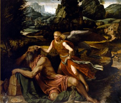 İlyas uykuda bir melek tarafından düzeltildi Resim Alessandro Bonvicino dit il Moretto (1498-1554) 16. yüzyıl Brescia, San Giovanni Evangelista Kilisesi by Alessandro Bonvicino Moretto