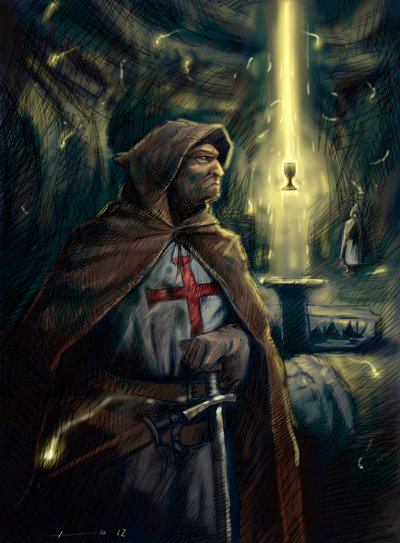 Templar (Tapınakçı) Tarikatının bir şövalyesi, arkasında Kutsal Kâse kupası. Alessandro Lonati'nin İllüstrasyonu by Alessandro Lonati