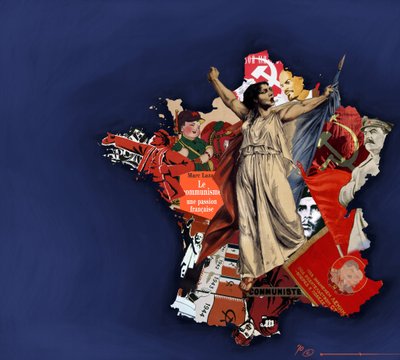 Komünist kolajın arka planına karşı bir mariana. Fransa'da Komünizm Alegorisi. 2010 Alessandro Lonati'nin renkli çizimi. by Alessandro Lonati