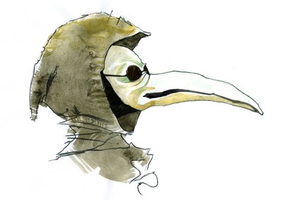 Aromatik maddelerle dolu gaga benzeri bir maske takan bir veba doktoru by Alessandro Lonati