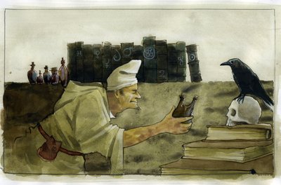 Bir kuzgunla laboratuvarında simyacı, bir kafatası İllüstrasyon, Alessandro Lonati by Alessandro Lonati