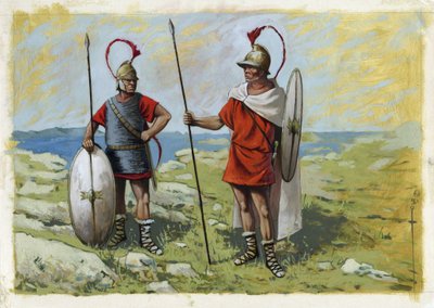 Antik Yunanistan: tureophor paralı asker (Thureophoros veya Thureophoroi) (MÖ 3.-1. yüzyıl) (sağda) ve Thorakites (Thorakitai) (solda). Alessandro Lonati'nin çizimi by Alessandro Lonati