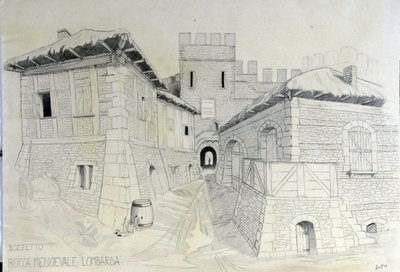 Orta Çağ Mimarisi: Bir Orta Çağ Lombard şehrinin surlarının görünümü. Alessandro Lonati'nin kalem çizimi. by Alessandro Lonati