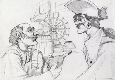 Caraibes korsanı bir handa elinde şişeyle. Alessandro Lonati'nin çizimi. by Alessandro Lonati
