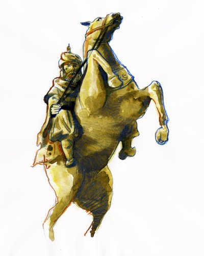 Oqba ibn Nafi Al Fihri'nin atlı portresi (622-683) - (Uqba ibn Nafi veya Oqba ibn Nafi, Uqba ibn Nafe, Uqba ibn al Nafia veya Akbah Arabic General) Çizimi by Alessandro Lonati