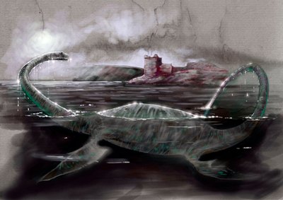 Fantastik canavarlar ve yaratıklar, kriptozooloji: İskoçya'daki Loch Ness canavarı Nessie'nin temsili - Çizim, Alessandro Lonati, 2012 by Alessandro Lonati