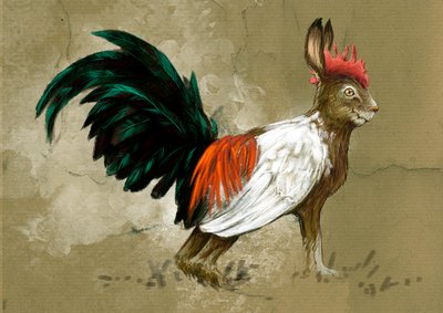Fantastik canavarlar ve yaratıklar, kriptozooloji: İsveç'in hayali yaratığı olan bir Skvader'ın temsili, bir tavşan ile Büyük bir funda horozunun ortasında, 1918'de tahnitçi Rudolf Granberg tarafından yaratıldı - Çizim Alessandro Lonati, 2012 by Alessandro Lonati