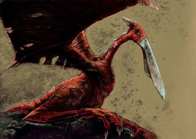 Fantastik canavarlar ve yaratıklar, kriptozooloji: Batı Zambiya'nın Mwinilunga bölgesinin Jiundu bataklıklarında görüldüğü söylenen uçucu bir pterosaur benzeri yaratık olan bir kongamato'nun temsili - Çizim, Alessandro Lonati, 2012 by Alessandro Lonati