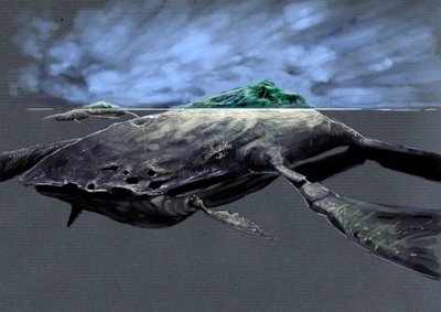 Fantastik canavarlar ve yaratıklar, kriptozooloji: Bir adaya benzeyen canavarımsı bir deniz kaplumbağası olan zaratan'ın temsili Çizim Alessandro Lonati, 2012 by Alessandro Lonati