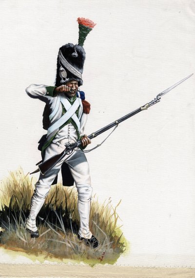 Birinci İmparatorluk (1804-1814 ve 1815): İtalya'daki büyük Napolyon ordusunun mermi açan Velite askeri. Alessandro Lonati'nin çizimi by Alessandro Lonati