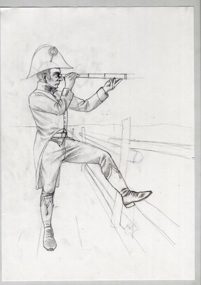 Birinci İmparatorluk (1804-1814 ve 1815): Büyük Fransız Napolyon ordusunun kıdemli askeri, uzun bir görüşle (uzun görüş) gözlem halinde. Alessandro Lonati'nin bitmemiş çizimi. by Alessandro Lonati
