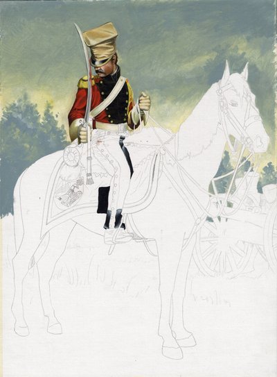 Birinci İmparatorluk (1804-1814 ve 1815): büyük Fransız Napolyon ordusunun hafif süvarilerinin askeri. Alessandro Lonati'nin bitmemiş çizimi. by Alessandro Lonati