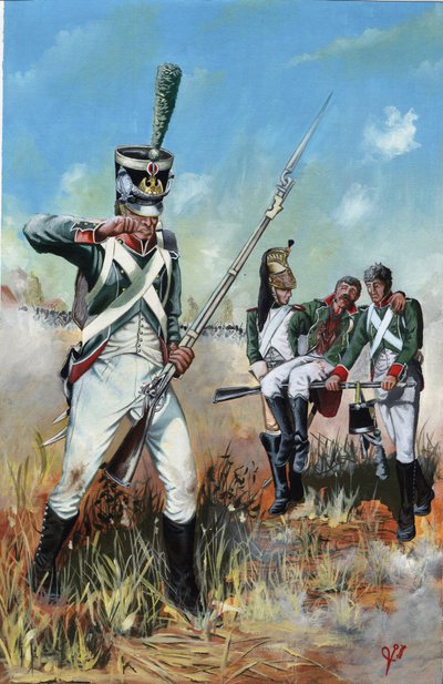 Birinci İmparatorluk (1804-1814 ve 1815): İtalya'daki büyük Napolyon ordusunun yaralı bir yoldaşa yardım eden askerleri. Alessandro Lonati'nin çizimi by Alessandro Lonati