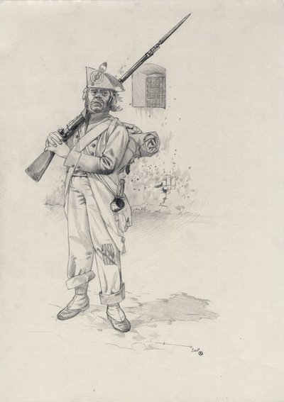 Birinci İmparatorluk (1804-1814 veya 1815): Napolyon ordusunun askeri, bir kaledeki süvari tugayının piyade askeri. Alessandro Lonati'nin çizimi by Alessandro Lonati