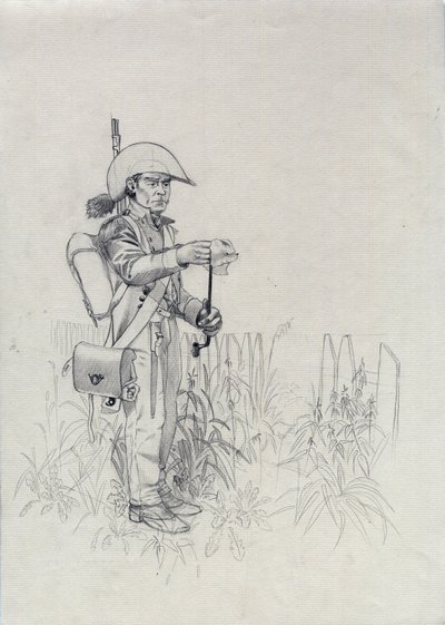 Birinci İmparatorluk (1804-1814 veya 1815): Napolyon ordusunun askeri, asker piyade avcısı (piyade avcısı). Alessandro Lonati'nin çizimi by Alessandro Lonati