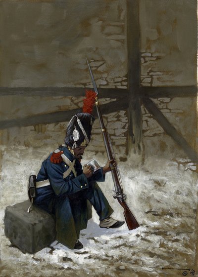 Birinci İmparatorluk: Karda oturan paltolu gardiyan bombacısı. Alessandro Lonati'nin çizimi by Alessandro Lonati