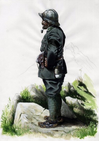 Birinci Dünya Savaşı 1914-1918: Front des Alpes'de İtalyan ordusunun Alp avcı subayı (Alp avcısı). Alessandro Lonati'nin çizimi by Alessandro Lonati