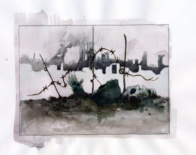 Birinci Dünya Savaşı: Harabelerin arka planına karşı sakallı kafatası miğferli savaş alegorisi Alessandro Lonati'nin renkli çizimi by Alessandro Lonati
