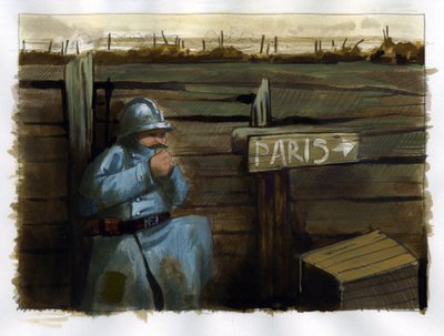 Birinci Dünya Savaşı: Paris'i gösteren bir tabelanın yanında kıllı bir Fransız ordusu by Alessandro Lonati