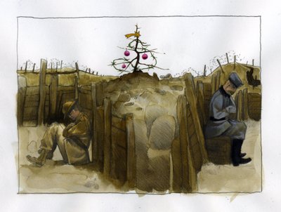 Birinci Dünya Savaşı: 1914-1918 Noel zamanında siperde İngiliz (solda) ve Alman iki düşman askerinin yalnızlığı Alessandro Lonati'nin İllüstrasyonu by Alessandro Lonati