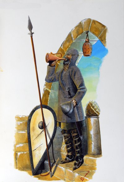 Birinci Haçlı Seferi: Hareketsiz durumdaki bir turna, fileli ceketiyle sürahiyi içer, kalkanı ve mızrağı yanına konur. Alessandro Lonati'nin illüstrasyonu by Alessandro Lonati