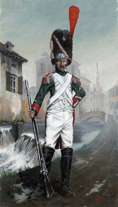 Birinci imparatorluk (1804-1814 ve 1815): Milano kanalı yakınlarında, arka planda katedral bulunan İtalyan Grenadier askerleri. Alessandro Lonati'nin çizimi by Alessandro Lonati