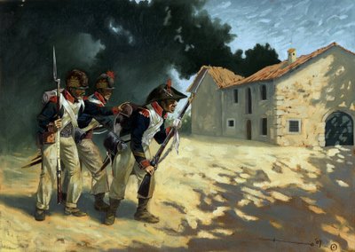 Birinci imparatorluk: İtalyan seferleri sırasında devriye gezen Fransız piyadelerinin el bombaları. Alessandro Lonati'nin çizimi by Alessandro Lonati