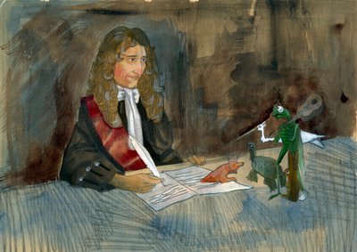 Fransız yazar Jean de la Fontaine masallarındaki karakterlerine bakıyor Alessandro Lonati'nin İllüstrasyonu by Alessandro Lonati