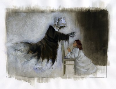 Elleri çarpık yaşlı bir rahibenin hayaleti, dua eden küçük bir kıza görünür. İllüstrasyon, Alessandro Lonati by Alessandro Lonati