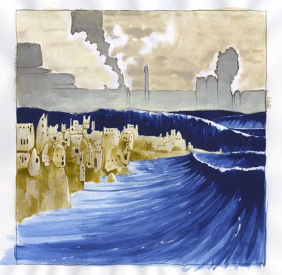 Atlantis Denizi'nin (Atlantis) altında kaybolan ada mitinin resmi: efsanevi adayı sular altında bırakan volkanın patlamasının ardından dalgalanan denizin görünümü. Alessandro Lonati'nin çizim rengi. by Alessandro Lonati