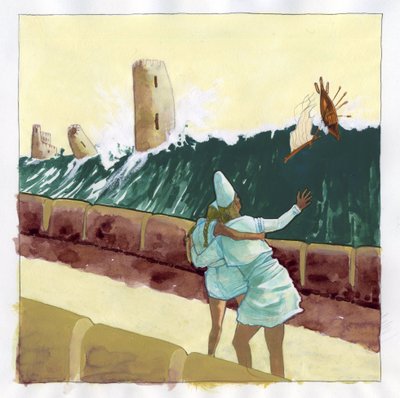 Atlantis Denizi'nin (Atlantis) altında kaybolan ada efsanesinin resmi: efsanevi adanın Yunan kentini sel basan tsunaminin görünümü. Alessandro Lonati'nin çizdiği renk. by Alessandro Lonati