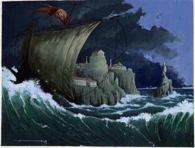 Atlantis Denizi'nin altında kaybolan ada efsanesinin illüstrasyonu: Yunan şehrinin efsanevi adanın kaybolmadan önceki görünümü. Alessandro Lonati'nin çizdiği renk. by Alessandro Lonati