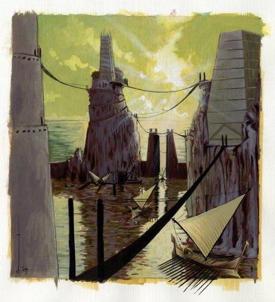 Atlantis Denizi'nin altında kaybolan ada efsanesinin illüstrasyonu: Yunan şehrinin efsanevi adanın kaybolmadan önceki görünümü. Alessandro Lonati'nin çizim rengi. by Alessandro Lonati