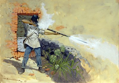 İtalyan harekatı: Avusturyalı I. François-Joseph (Francois Joseph) Avusturya-Macaristan İmparatorluğu ile Napolyon III ve Victor Emmanuel II'nin (Victor-Emmanu) Fransız-Sardunya koalisyonu arasındaki Solferino savaşında ateş açan Avusturyalı bir piyade by Alessandro Lonati
