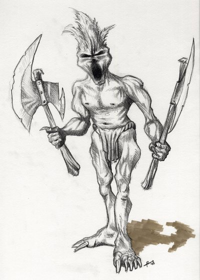 Fantasy Illustration için efsanevi canavar: baltalı trol savaşçısı. Alessandro Lonati'nin çizimi by Alessandro Lonati