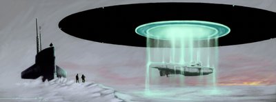Savaş sırasında uzaylılar tarafından alınan bir denizaltının iadesi için bir U-boot denizaltı ile bir uçan daire (UFO, UFO veya uzaylı) arasında Kuzey Kutbu'nda buluşma. Alessandro Lonati'nin çizimi by Alessandro Lonati