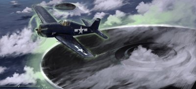 Gizemli fenomen: 1940'larda bir ABD Donanması uçağının Bermuda üçgeninde kaybolmasını tasvir ediyor. Bir efsane, burada temsil edilen şeyin UFO'ların (UFO veya uzaylılar) işi olacağını öne sürüyor. Alessandro Lonati'nin çizimi by Alessandro Lonati
