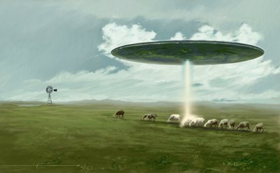 Gizemli fenomen: bir koyunu (kaçırılma) çıkaran bir uçan daire (uzaylı veya UFO veya UFO). Alessandro Lonati'nin çizimi by Alessandro Lonati