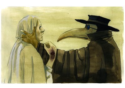 Bir kurbanın önünde aromatik maddelerle dolu gaga benzeri bir maske takan veba doktoru by Alessandro Lonati