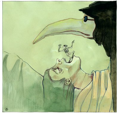 Bir kurbanın önünde aromatik maddelerle dolu gaga benzeri bir maske takan veba doktoru by Alessandro Lonati