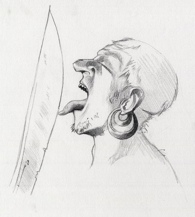 Kılıca diliyle dokunarak meydan okuyan bir korsanın (korsan) portresi. Alessandro Lonati'nin çizimi. by Alessandro Lonati
