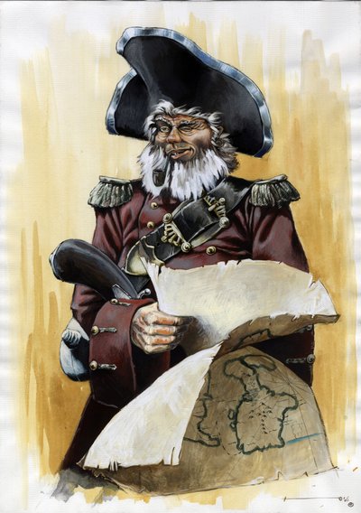 Elinde hainin haritası olan bir üç boynuzlu korsan (korsan) veya denizcinin portresi. Alessandro Lonati'nin çizdiği renk. by Alessandro Lonati