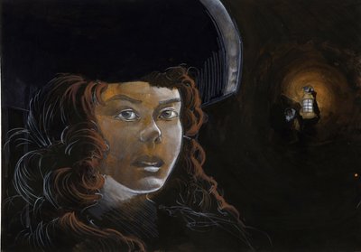 Gece başka bir korsanın feneriyle aydınlatılan bir korsan kadının (korsan) veya denizcinin portresi. Alessandro Lonati'nin çizdiği renk. by Alessandro Lonati
