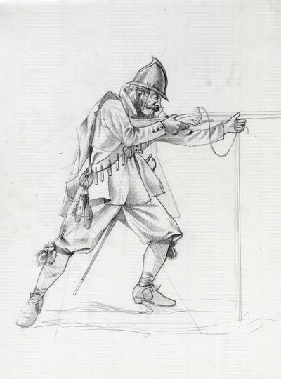 17. yüzyıla ait bir gemi askerinin portresi, kendini ateş pozisyonuna sokuyor. Alessandro Lonati'nin çizimi. by Alessandro Lonati