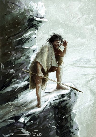 Tarih Öncesi: Neandertal'den (Neandertal veya Neandertal: Homo sapiens) bir adam, karın altında, bir kayanın üzerine tünemiş ufka bakıyor. Alessandro Lonati'nin çizimi by Alessandro Lonati
