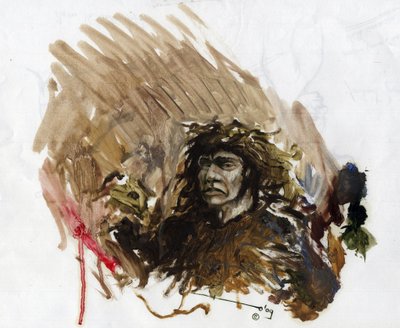 Prehistorya: Orta Paleolitik'te bir Neandertal veya Neandertal insanının temsili. Alessandro Lonati'nin çizimi by Alessandro Lonati