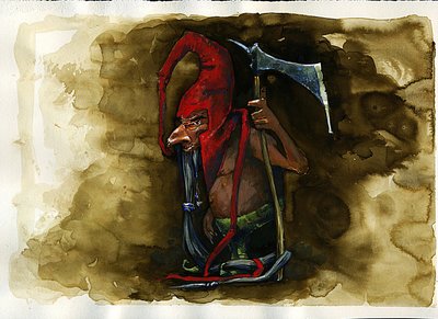 İngiliz folklorundan Goblin ailesinin efsanevi kötü yaratığı Red Cap (Red bere, powrie veya duter, Red-Bonnet) temsili - (Sınır Folklorunda bulunan kırmızı bere, kötü niyetli cani cüce, goblin, elf veya peri) İllüstrasyon, Alessandro Lo by Alessandro Lonati